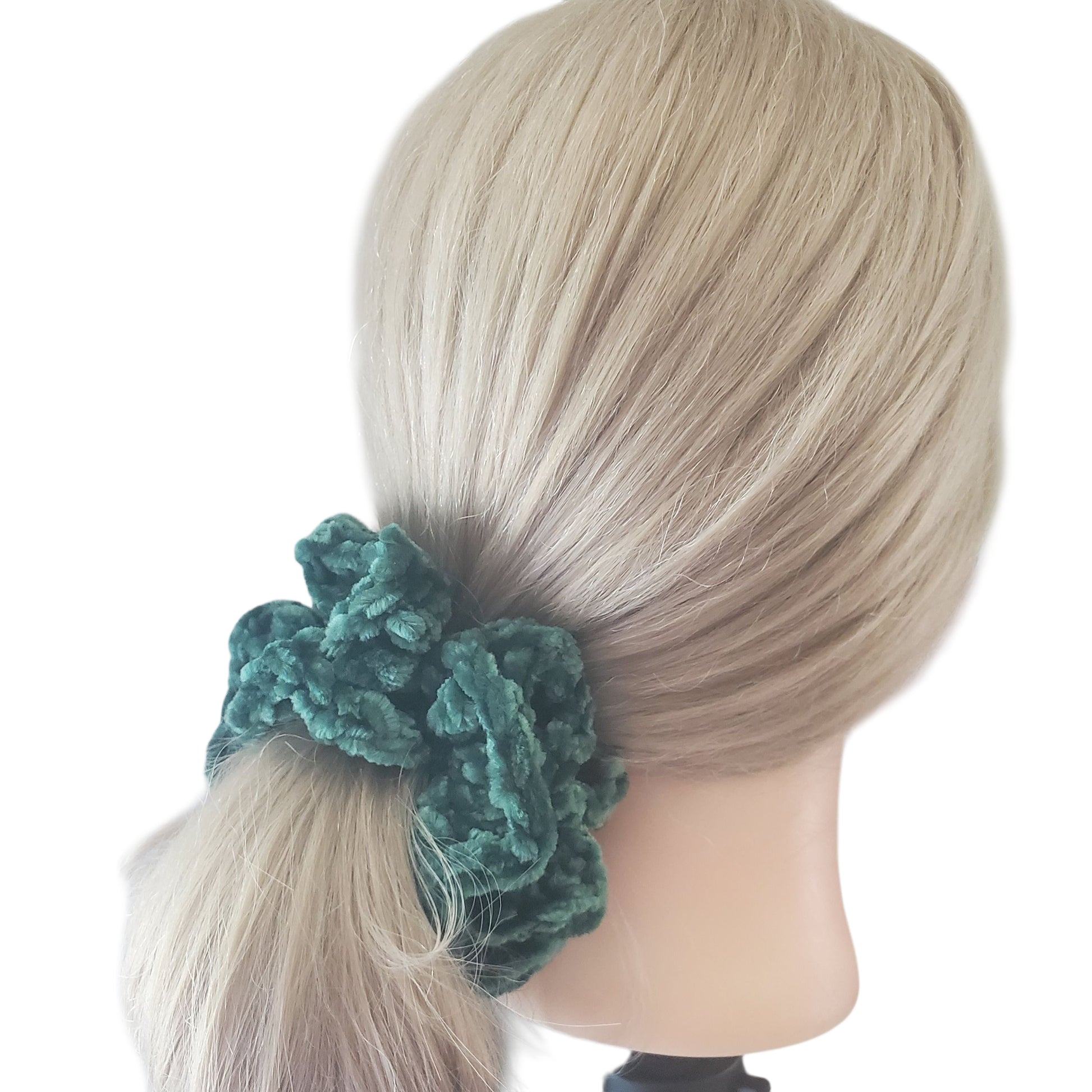Crochet Velvet Scrunchie Hair Tie Handmade Green Color