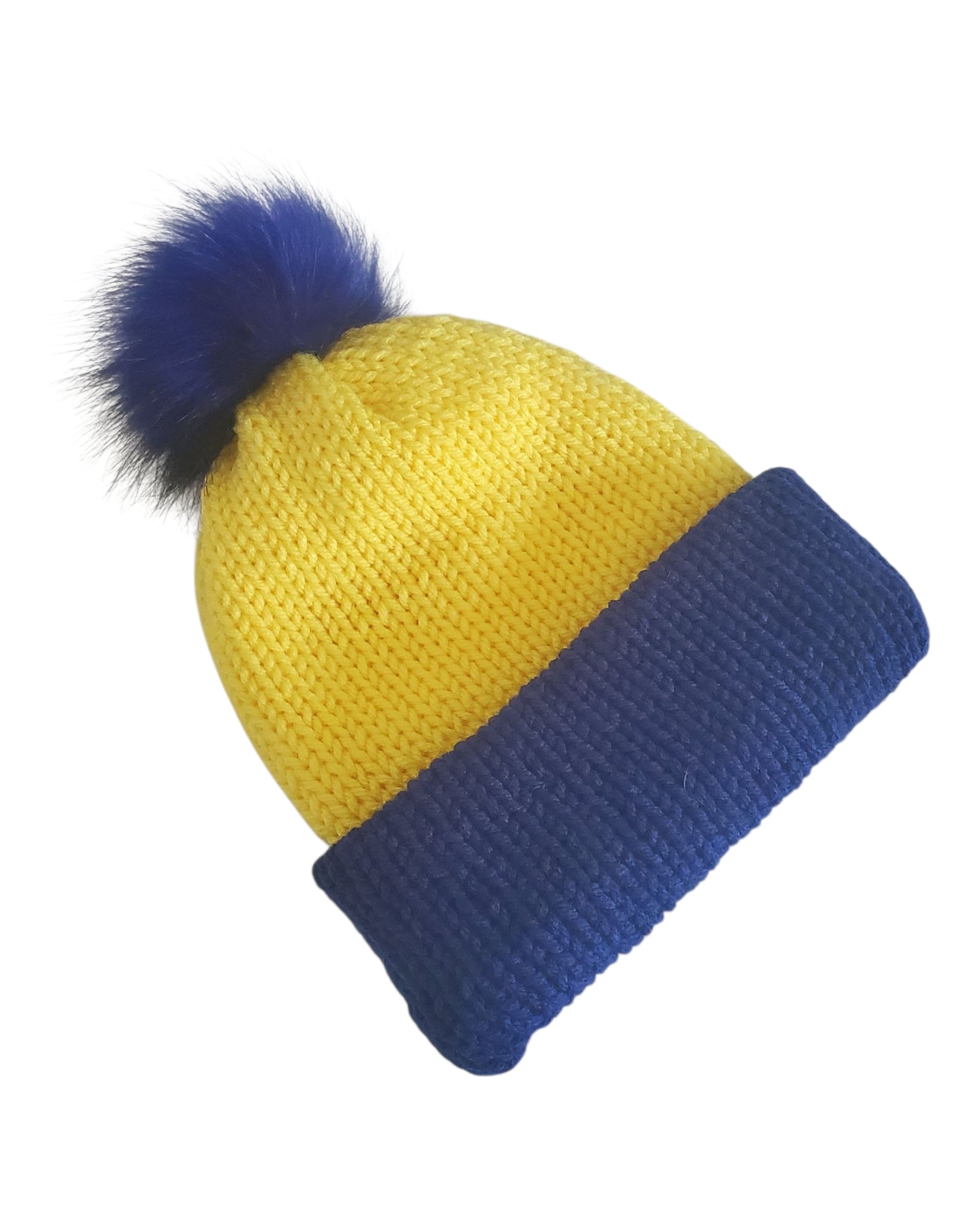 Knit Beanie with Pom Pom Blue Yellow