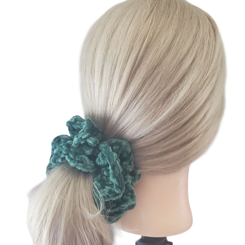 Crochet Velvet Scrunchie Hair Tie Handmade Green Color