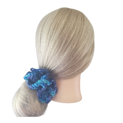 Crochet Velvet Scrunchie Hair Tie Handmade Blue Brilliance Color